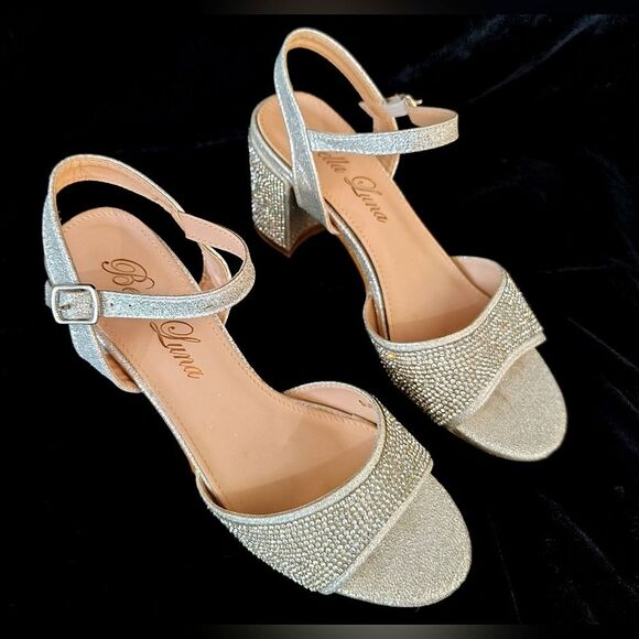 Rhinestone sparkle Silver Chunky Heel Shoes Sandals Sz 6 - Picture 2 of 16